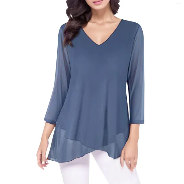 Blusas de mujer Túnica de gasa Tops Dobladillo asimétrico Casual Mujer Elegante Primavera Manga larga Cuello en V Jersey suelto Señora Oficina Blusa Camisas