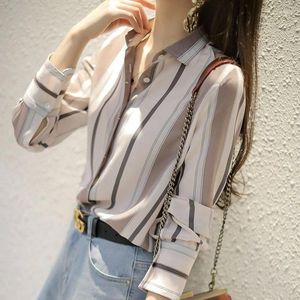 Damesblouses Chiffon Verticaal Gestreept Shirt Lange Mouw Lente Vrouwen Veelzijdige Losse Dieptepunt Herfst Top Blusas Mujer