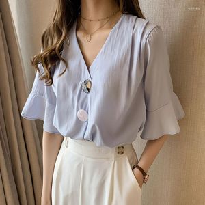 Vrouwen Blouses Chiffon Vrouw Blouse Shirt Zomer 2023 V-hals Losse Plus Size Koreaanse Versie Tops Shirts Wit/blauw/Geel