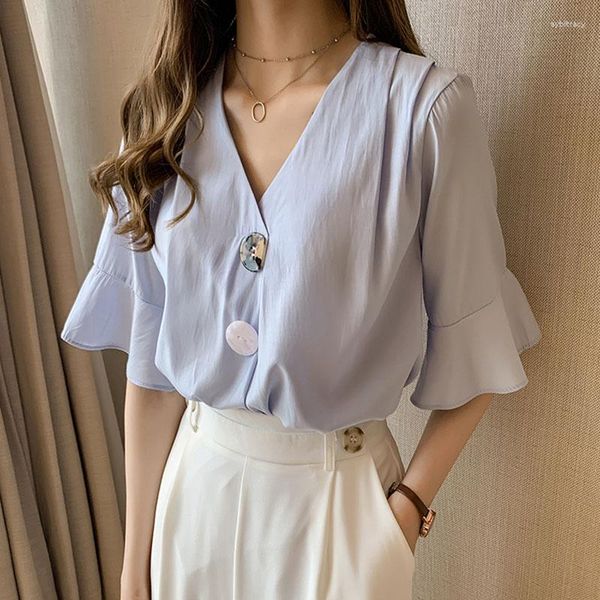 Blusas de mujer, blusa de gasa para mujer, camisa de verano 2023 con cuello en V, suelta de talla grande, versión coreana, Tops, camisas blancas/azules/amarillas