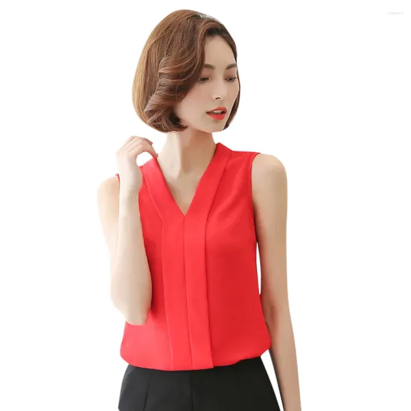 Blouses pour femmes en mousseline de soie femmes été sans manches débardeur col en v chemise blanche femme élégante couleur unie bureau dame chic chemisier