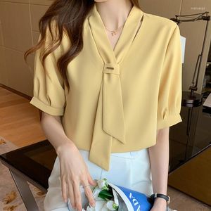 Blusas de mujer Chikichi pajarita camisas 2022 Oficina señoras Tops moda coreana cuello en V manga corta camisa de gasa mujer verano