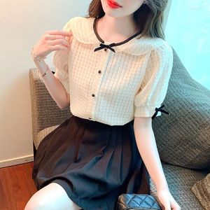 Damesblouses chikichi zomerpop kraag kant basisch shirt vrouwen 2023 boog korte mouwen chiffon puff puff mouw top blouse voor