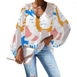 Damesblouses Kinderlijk Abstract Graffiti Kindertekenstijl Groot formaat blouse Casual los shirt met lange mouwen Top V-hals vrouwelijk