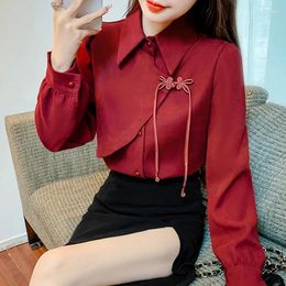 Chemisiers pour femmes, vêtements chinois, Style chinois, chemise rouge épaisse, Design boutonné, beau haut, automne et hiver, 2024
