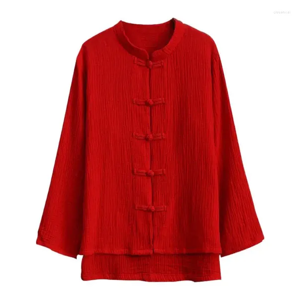 Blusas de mujer Blusa de estilo chino Mujer manga larga algodón Lino Top suelto Casual elegante Vintage Blusas Rojas De Verano Mujer 2024