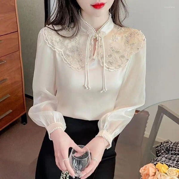 Blouses pour femmes Style chinois Cheongsam chemise en mousseline de soie printemps été Design sens industrie lourde broderie col montant Blouse Topsh