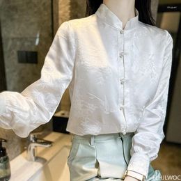 Blouses pour femmes Style chinois Chi-pao Col Design Tops Femme 2024 Printemps Rétro Vintage Mince Bouton Confortable Chemises Blanches De Base