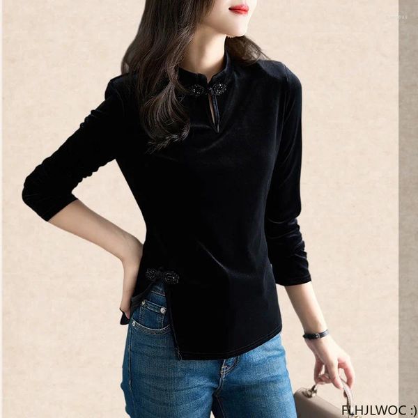 Blusas de mujer Estilo chino Diseño de cuello Chi-pao Tops de terciopelo negro Año 2024 Primavera Mujer Fecha Niñas Botón Camisa con abertura Blusa Vintage