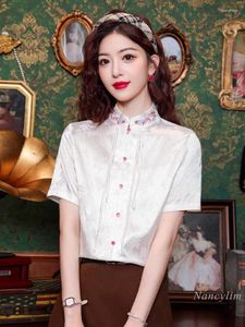 Blouses pour femmes Style chinois brodé de chemise à manches courtes Clothing d'été 2024 Boutons de haut niveau nationaux de haute qualité