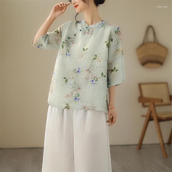 Chemisiers pour femmes Style chinois imprimé fleuri haut pour femme et été respirant coton lin vêtements col montant dames chemises élégant