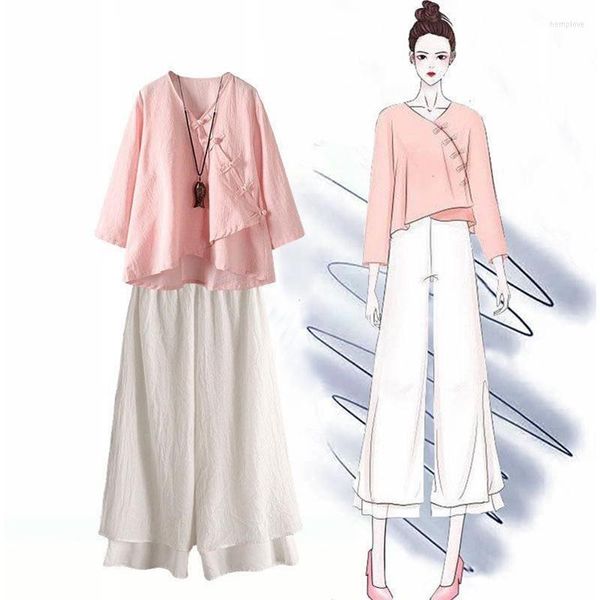 Blusas de mujer Estilo chino Hanfu Tops Mujer Retro Vintage Ropa para mujer Étnico Casual Pantalones de pierna ancha Ropa Algodón Traje Tang