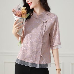 Women's Blouses Chinese stijl Verbeterde Hanfu Elegant Pink Jacquard Patchwork Blouse For Women Stand Collar Slash Single Breasted Tops