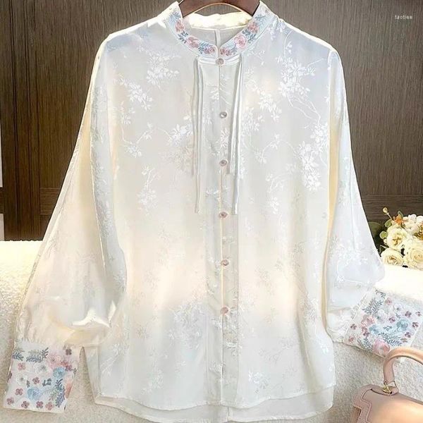 Blusas de mujer Estilo chino Hanfu mejorado Exquisito bordado Jacquard Top Mujer Retro Cuello alto Blusa blanca de manga larga Traje Tang