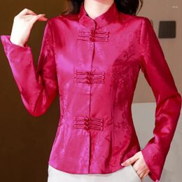 Blusas de mujer Estilo chino Traje Tang mejorado Sedoso Satén Jacquard Camisa Blusa Mujer 2024 Otoño Vintage Cuello alto Manga larga Top