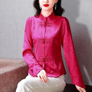 Blouses Femmes Style chinois amélioré Tang costume Jacquard chemise pour femmes 2023 automne rétro col montant à manches longues élégant mince fête haut