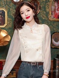 Blusas de mujer estilo chino camisa con botones y nudo Blusa de gasa bordada de manga larga primavera 2024 Top Cheongsam elegante y hermoso