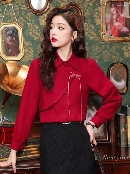 Blusas de Mujer estilo chino botones anudados camisa roja ropa de primavera 2024 diseño elegante Top manga larga cuello vuelto Blusas Mujer