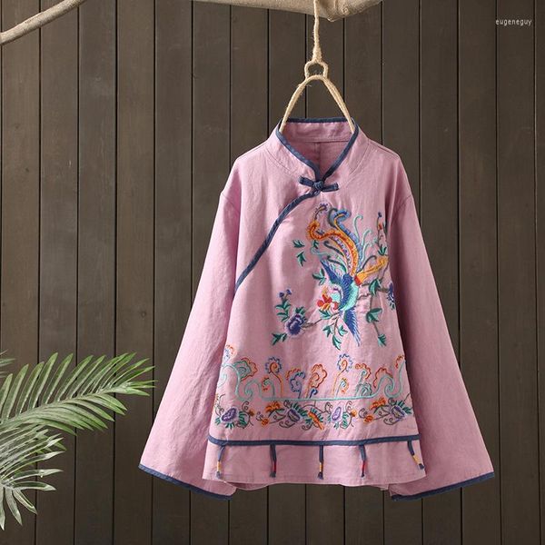 Blusas de mujer estilo chino de lujo pájaro Floral bordado camisa mujer manga larga acampanada cuello alto botón Casual algodón Lino Tops