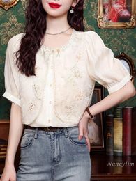 Blouses pour femmes de style chinois broderie de chemise en mousseline de soie 2024 Senture de conception de manches courtes de haut à manches