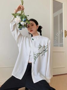 Damesblouses Chinese stijl Retro Bamboe Afdrukken Satijn Shirts met lange mouwen Lente Herfst Heren Dames Streetwear Tij Losse casual tops Blouse