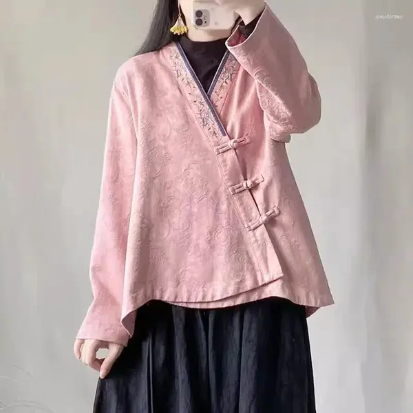 Blouses pour femmes Style chinois rétro patte brodée bouton coton lin chemise à manches longues femmes décontracté lâche littéraire printemps Hanfu haut