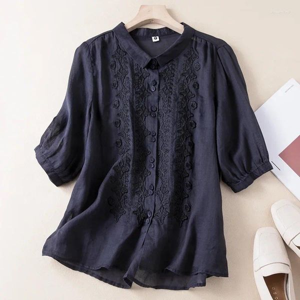 Blusas para mujeres Camisa de estilo chino Lino de algodón Vintage bordado suelto Tops de moda ropa de moda ycmyunyan