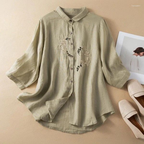 Blusas para mujeres Camisa de estilo chino Lino de algodón Vintage bordado suelto Tops de moda ropa de moda ycmyunyan