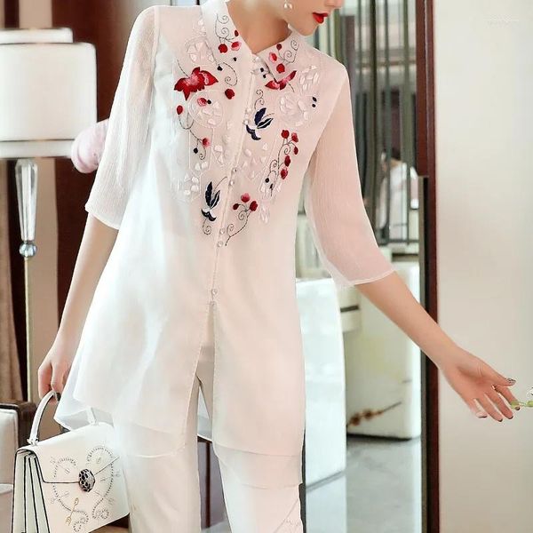 Chemisiers pour femmes Chemises de style chinois Chemisier Printemps Eté Vintage Chemise Femmes Cheongsam Col Blanc Blusa Dames Longs Roses Tops