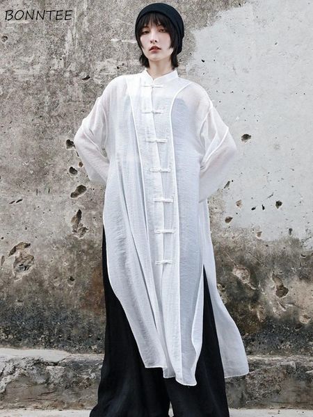 Blouses pour femmes Chemises de style chinois Femmes Design Rétro Fente latérale Simple Résistant au soleil Col montant d'été Tout-match Pur Respirant Mi-longueur