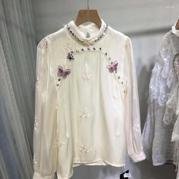 Blusas de mujer estilo chino cuello alto bordado flores mujeres primavera verano manga larga gasa top cuentas mariposa casual shiirts