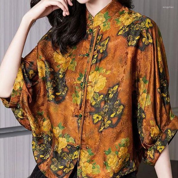 Chemisiers pour femmes Style chinois col montant chemisier femme vêtements Vintage imprimé été élégant Chic boucle à disque élégant chemise ample