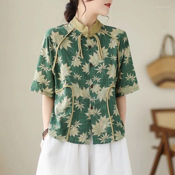 Blusas de mujer de estilo chino con cuello levantado y botones, camisas de manga corta a la moda con estampado de flores verdes, blusas informales holgadas