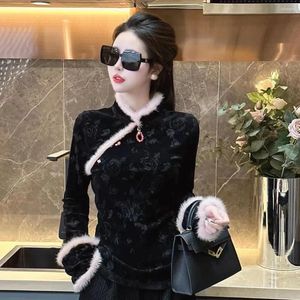 Blouses pour femmes Style chinois col montant à manches longues chemises décontractées femmes automne hiver bord de fourrure joignant des vêtements hauts noir