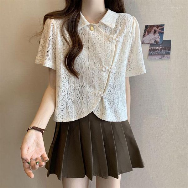 Blusas de mujer estilo chino Vintage botón camisas cortas para mujer 2023 dama blanco sólido Polo cuello Tops elegante ropa femenina
