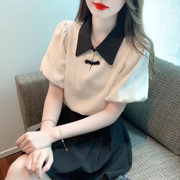 Blans des femmes chinois vintage collier de remin-down Femmes 2024 Summer lanterne Shirts à manches courtes Blouse élégante Blouse