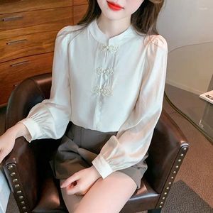 Damesblouses Chinese stijl witte shirts Design mode knop omhoog lantaarn mouw blouse vrouwelijke casual zomerkleding