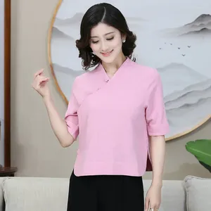 Blouses des femmes chinois chemises de tuniques de la tunique rose vert placolet slanet conception de mi-manche en lin top bouddhiste humeur zen brisé vêtements