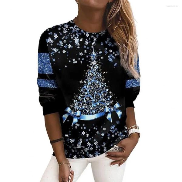 Blusas de mujer con estampado de árbol de Navidad, Top de otoño, camiseta festiva con lentejuelas de copo de nieve, camisa de fiesta brillante para