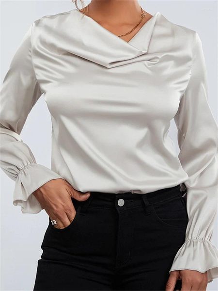 Blouses Femmes Chronstyle Femmes élégantes Printemps Automne OL Chemises À Manches Longues Couleur Unie Froncé Col Coupe-Cou Formelle Fête Tops 2024