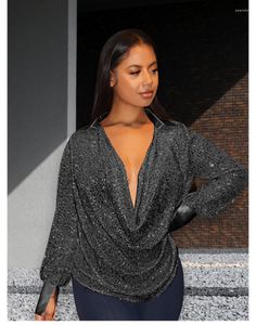 Blouses pour femmes CINESSD Sexy col en v profond à manches longues couture haut à paillettes 2023 ample décontracté Design sens mince femmes chemise