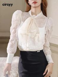 Blusas de mujer Circyy Blusa de encaje Camisas de mujer 2024 Primavera Camisa suelta de manga larga de un solo pecho Moda elegante Up Bow Chic Tops