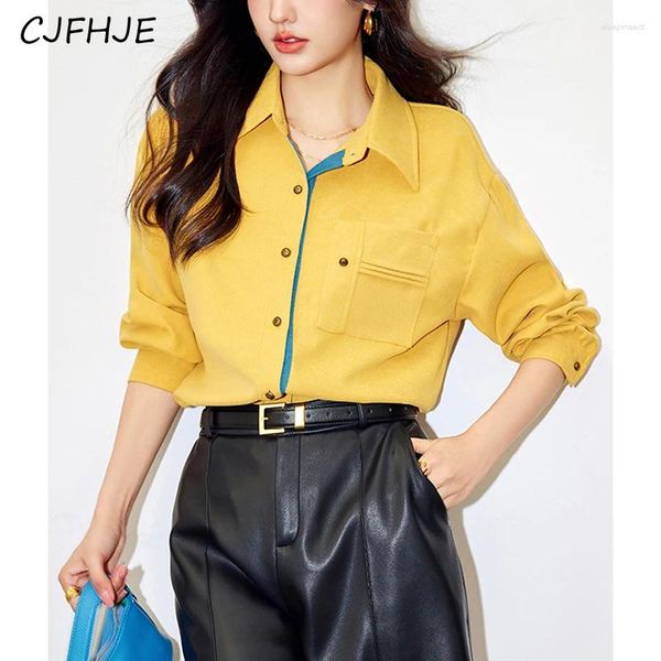 Blouses pour femmes Cjfhje Spring coréen Couleur de mode Couleur de mode Front Jaute Shirt Retro Style Dames Loose Loose Casual Long Manneved Polo Neck Top