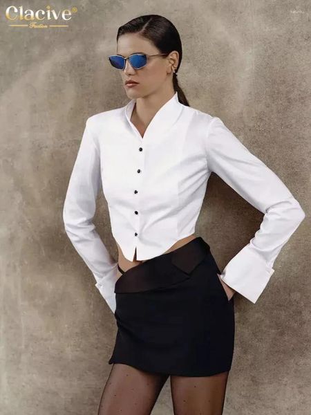 Blouses pour femmes Clacive Bodycon Chemise blanche 2024 Mode Slim Col montant Chemises à manches longues Elegnat Classic Crop Top Vêtements féminins