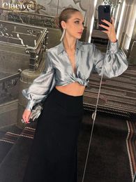 Blouses pour femmes chemises en satin gris gris sexy 2024 chemises à manches lanterne de mode de mode élégante