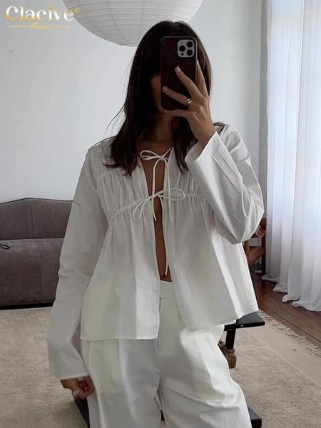 Blusas de mujer clacive sexy suelto de algodón blanco top de cola en vye de manga larga elegantes tops clásicos de cordón ropa femenina 2024