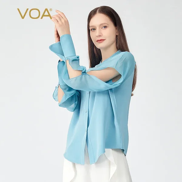 Blans des femmes (vente de dédouanement) VOA Elegant Georgette Open Long Manche de soie Femmes Femmes Bureau Blue Tops Blue Tops Single-Breas