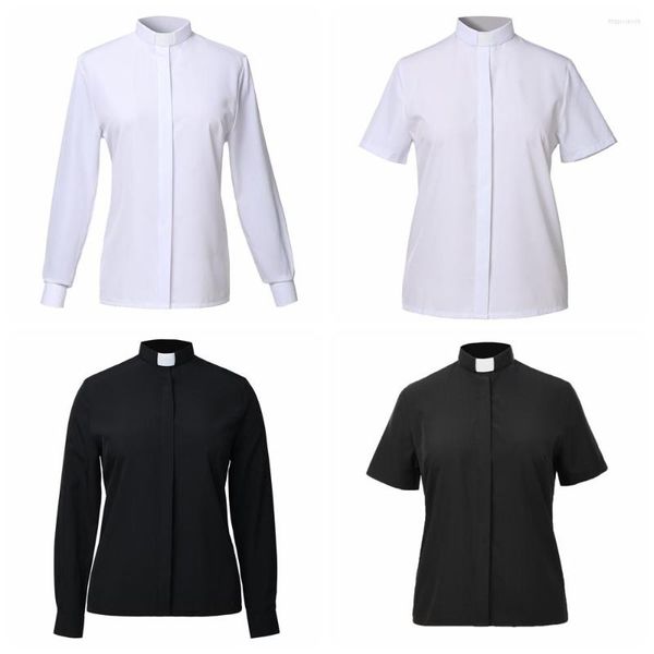Blusas de mujer Camisa de clero Mujer Sacerdote Collar Blusa Tops Iglesia Pastor Blanco Negro Tab Uniforme XS-5XL
