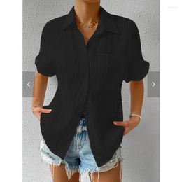 Damesblouses Kleding 2023 Zomer Mode Geplooid Eenvoudig Casual Button Up Shirt Effen Zak Korte Mouw Blouse Ruimvallend Alle Match Tops