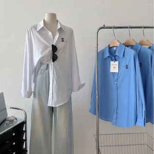 Blusas de mujer Ropa Camisa bordada con letras Primavera Otoño Manga larga Moda Un solo pecho Casual Cuello vuelto Blusa azul